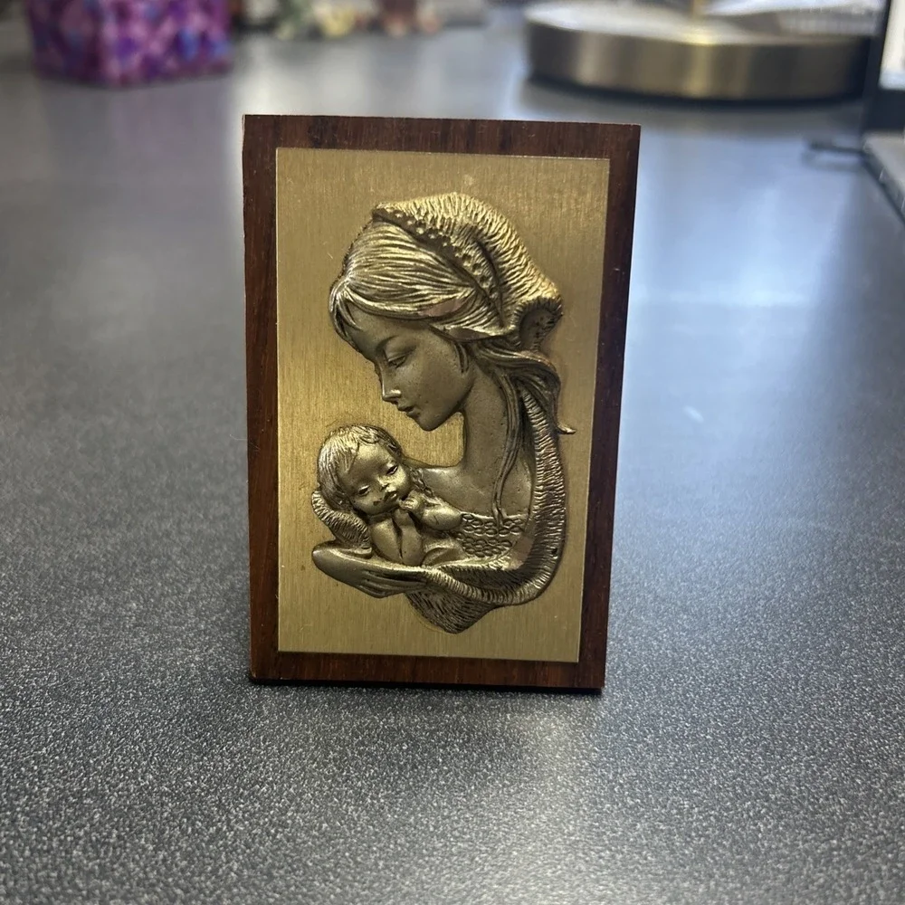 Vintage Virgin Mary Jesus Teak sterling silver dimensional picture and frame MCM